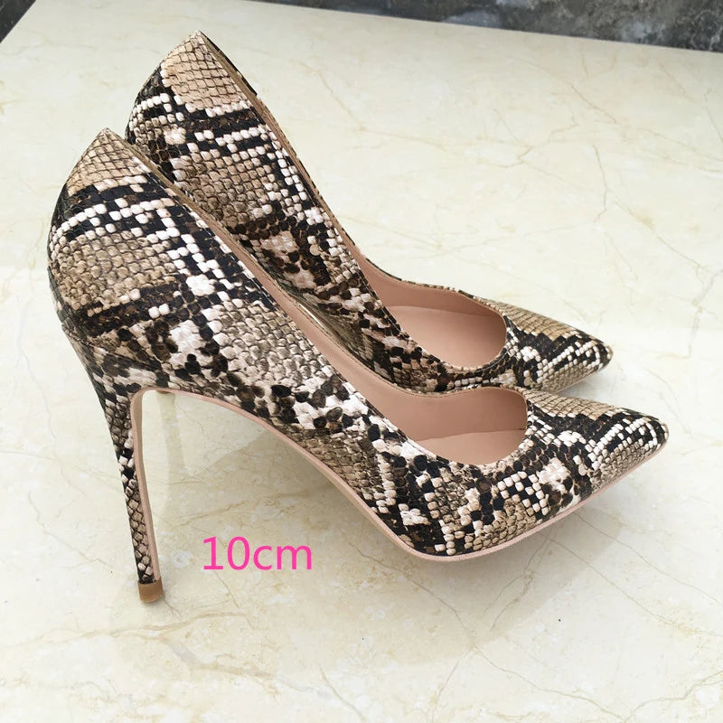 Tikicup Embossed Python Pattern Women Sexy Pointy Toe Stiletto High Heels 8cm 10cm 12cm Ladies Party Club Pumps Plus Size 33-45