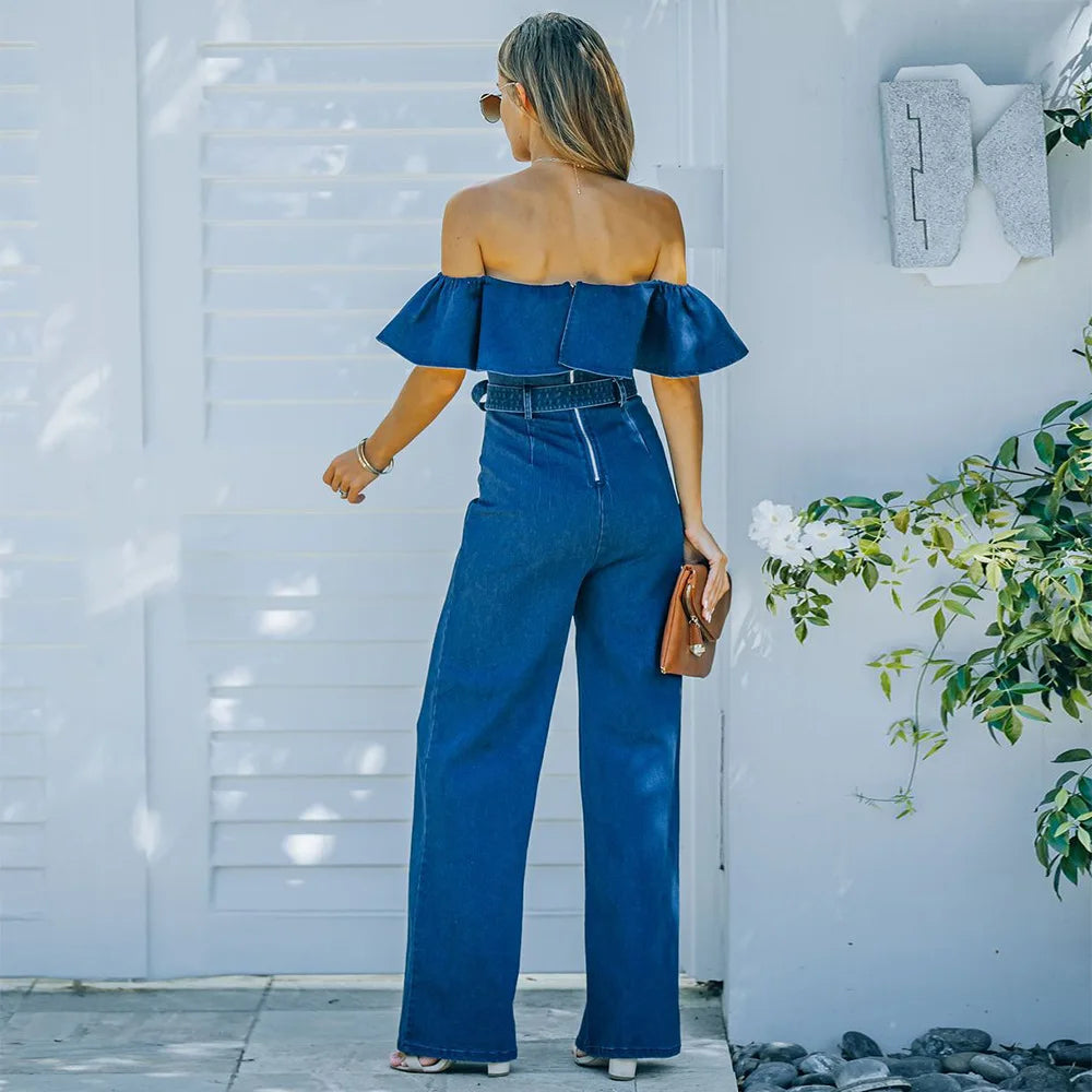 2022 Spring Summer New Product Lace Up Ruffle Off Shoulder Denim Jumpsuit for Women's Fashion Blue Straight Trousers with Belt