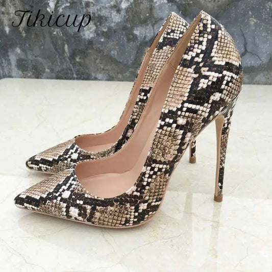 Tikicup Embossed Python Pattern Women Sexy Pointy Toe Stiletto High Heels 8cm 10cm 12cm Ladies Party Club Pumps Plus Size 33-45