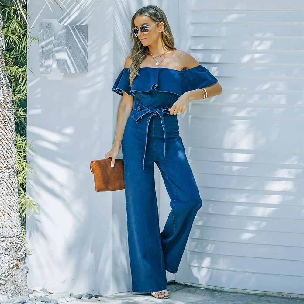 2022 Spring Summer New Product Lace Up Ruffle Off Shoulder Denim Jumpsuit for Women's Fashion Blue Straight Trousers with Belt