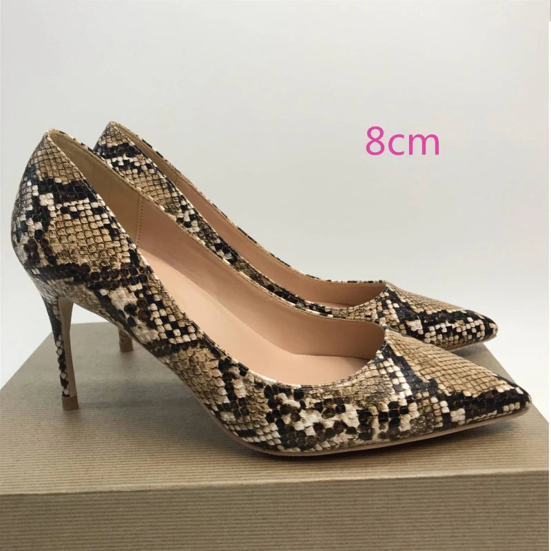 Tikicup Embossed Python Pattern Women Sexy Pointy Toe Stiletto High Heels 8cm 10cm 12cm Ladies Party Club Pumps Plus Size 33-45