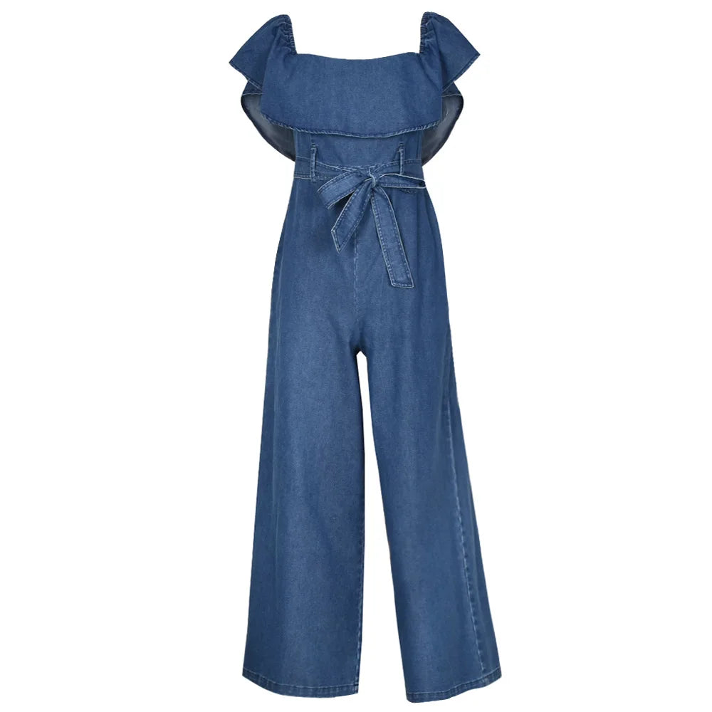 2022 Spring Summer New Product Lace Up Ruffle Off Shoulder Denim Jumpsuit for Women's Fashion Blue Straight Trousers with Belt