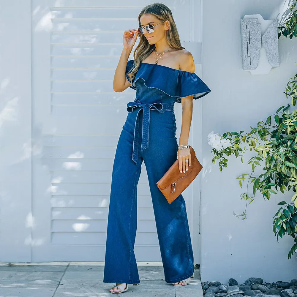 2022 Spring Summer New Product Lace Up Ruffle Off Shoulder Denim Jumpsuit for Women's Fashion Blue Straight Trousers with Belt