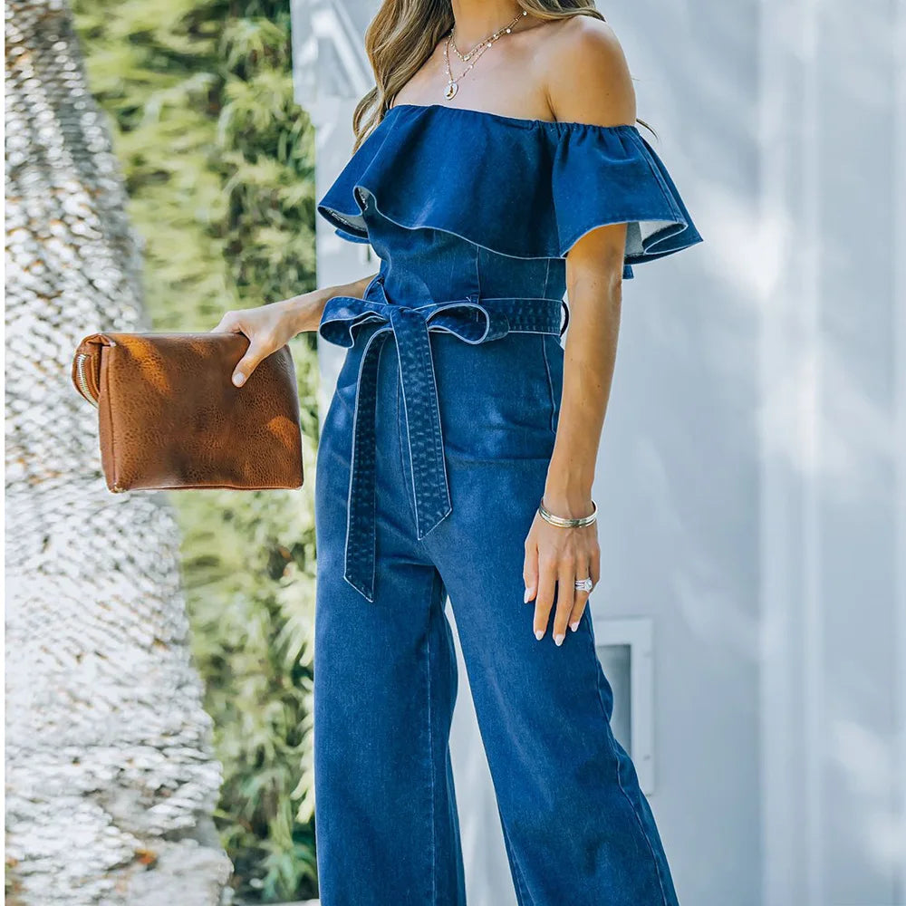 2022 Spring Summer New Product Lace Up Ruffle Off Shoulder Denim Jumpsuit for Women's Fashion Blue Straight Trousers with Belt