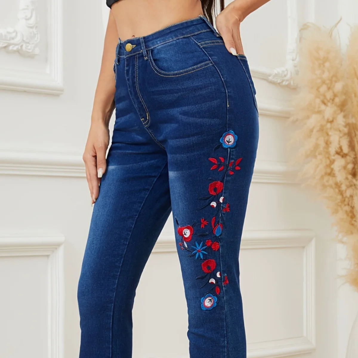 Winter New Fashion Design Women's Embroidered Jeans High Elastic Slim Denim Pencil Pants Casual Ladies Trousers S-XL