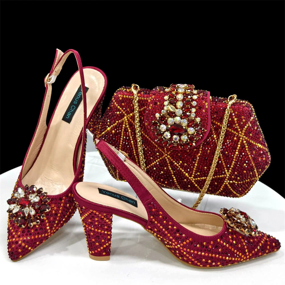 Venus Chan Nigerian Women Heel Party Ladies Italian Design Shoes And Bag Set Decorated with Rhinestone Handbag Wedding Party