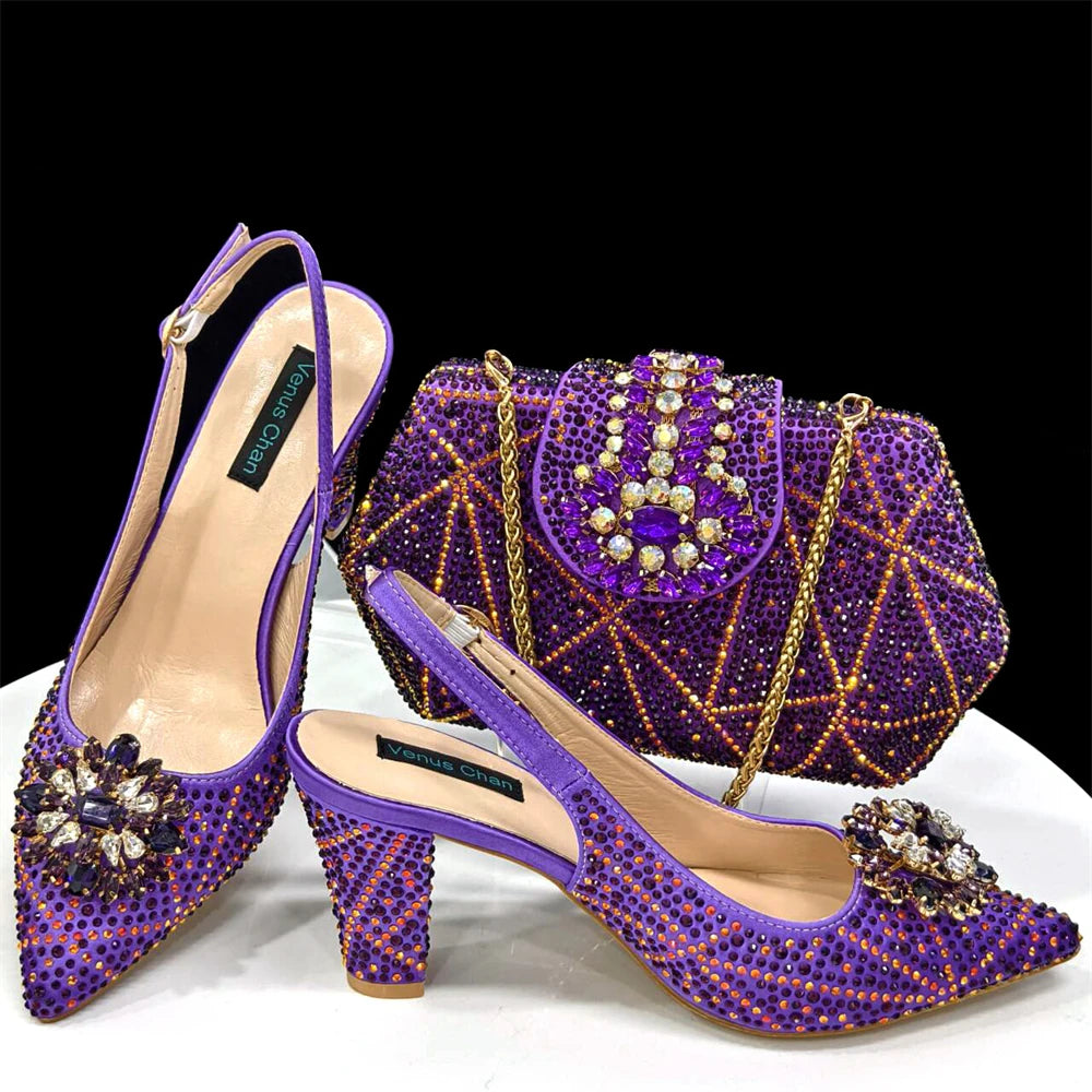 Venus Chan Nigerian Women Heel Party Ladies Italian Design Shoes And Bag Set Decorated with Rhinestone Handbag Wedding Party