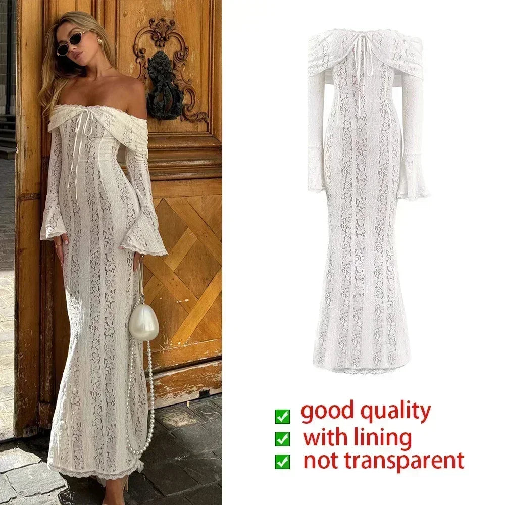 Suninheart White Off The Shoulder Bodycon Dress New in Flare Sleeve Elegant Lace Maxi Dress Wedding Guest Dress for Women