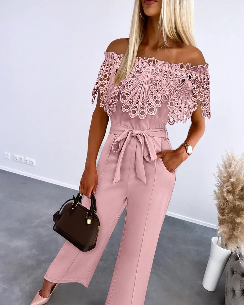 Eyelet Embroidery Off Shoulder Tied Detail Jumpsuit