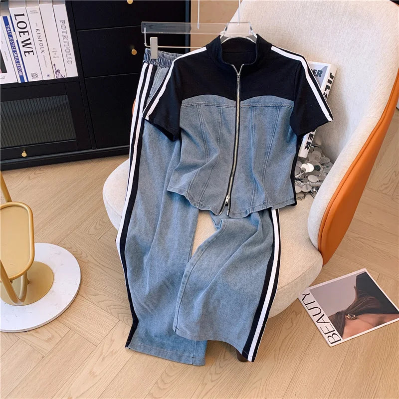 2025 Summer New Stitched Zipper T-shirt top Female Set Elegant Women's Jeans Casual Blouse Two Piece Set Ladies Tracksuits big