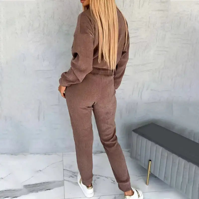 Women’s Corduroy Jogger Sweatsuit Set Ladies' Solid Color Pullover Tops And Sweatpants Tracksuit Outfits Set