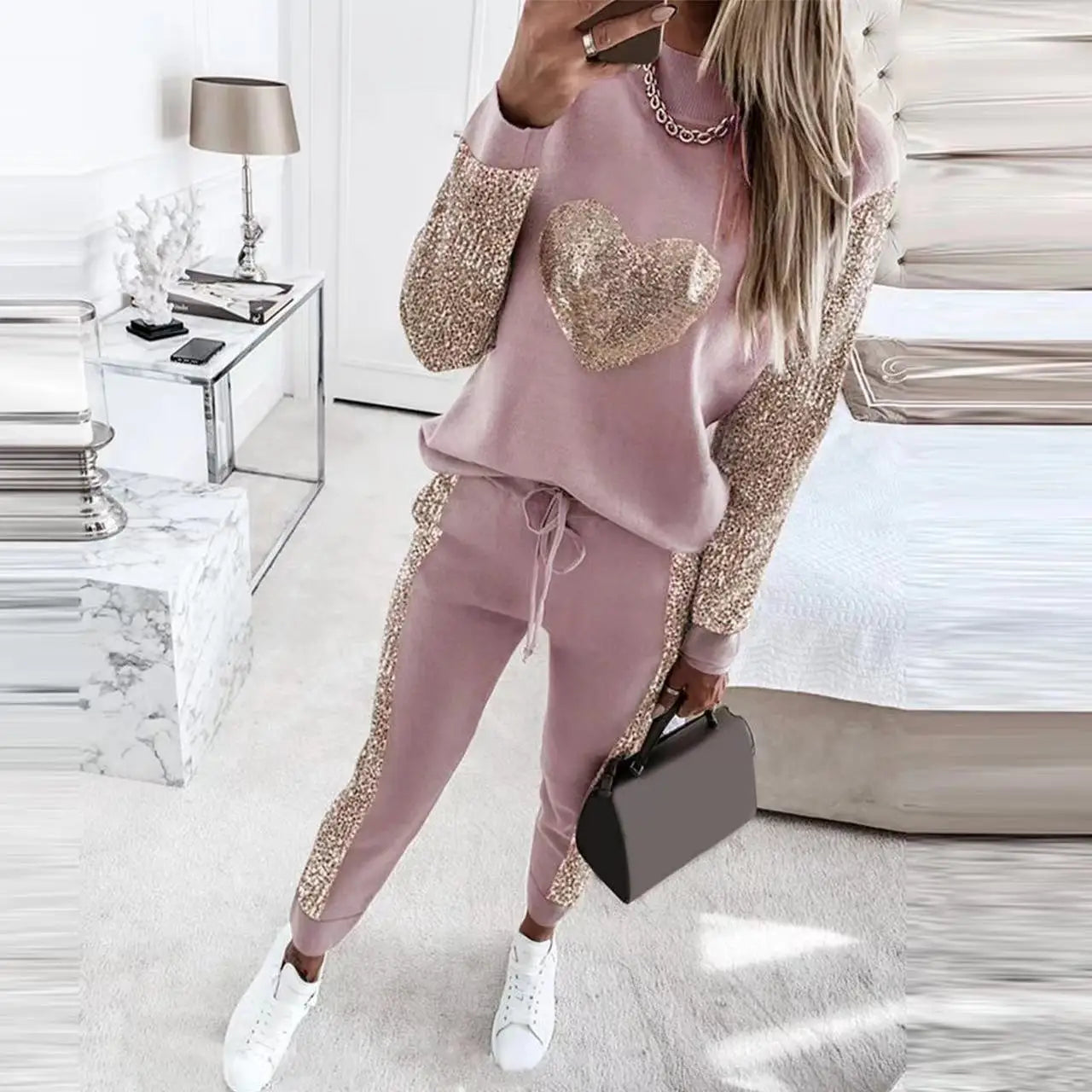 Fashion Love Sequin Suit Spring New Sports Suit Casual Half Turtleneck Long Sleeve Pullover Top Lace Up Long Pants 2 Piece Set