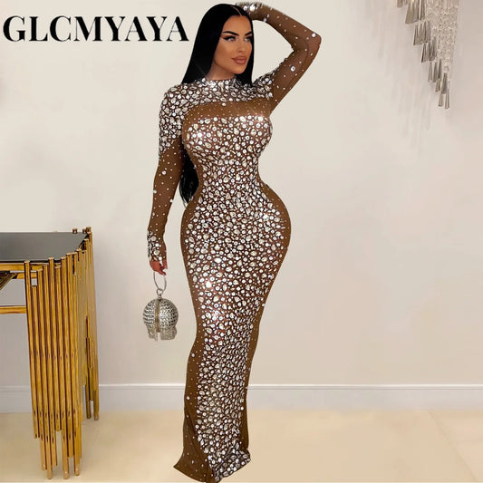 GLCMYAYA Elegant Women Long Sleeve Mesh Diamonds Hot Rhinestones Bodycon Midi Dress Women’s Maxi Long Evening Birthday Dresses