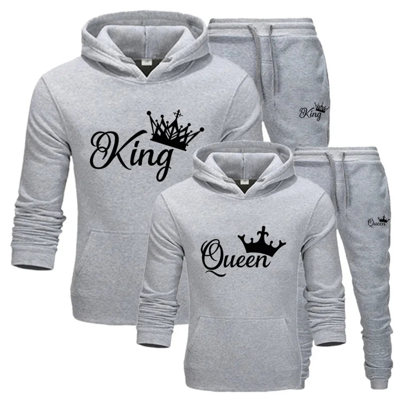 Fashion Spring Autumn Sweatsuits for Men Women Sportwear Set King or Queen Printed Couple Suits 2PCS Hoodie and Pants S-4XL