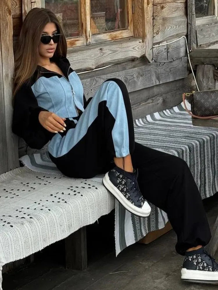 Fashion Patchwork Denim 2 Piece Sets Women Outfit Slim Hoodies Crop Top Wide Leg Sweatpants Suit Streetwear Casual Tracksuits