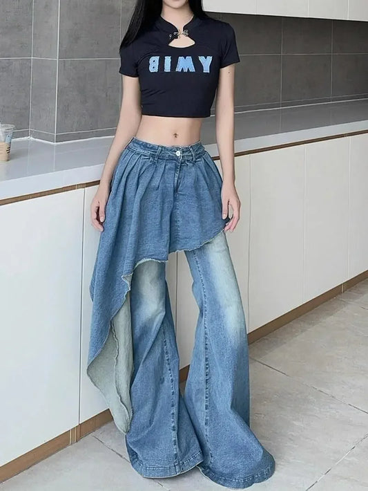 Women’s Spice Girl Design Irregular Splicing Jeans Fake Two-Piece Thin Flared Pants for Slightly Fat Autumn Winter blue jeans