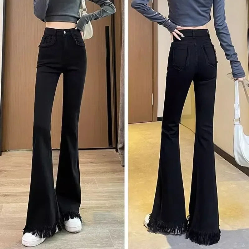 Flare Jeans Women Spring Girls Fur-lined Mopping High Waist Solid Designed Korean Style Leisure All-match Trendy Slender S-3XL