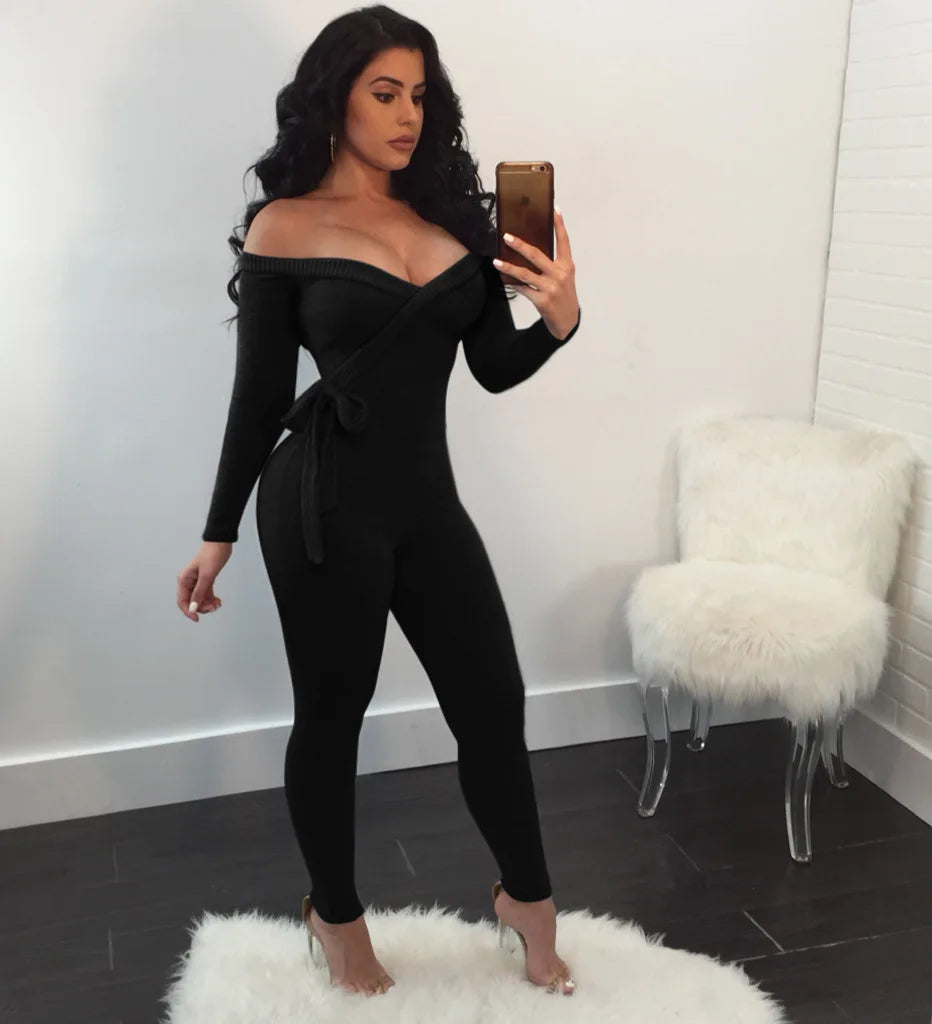 Women's Pants 2024 Spring Fashion Sexy Deep V-Neck Lace Up Off Shoulder Long Sleeved Casual Solid Color Skinny Daily Jumpsuit