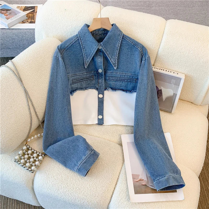 Vintage Women Patchwork Denim Jacket Pant Sets Long Sleeve Cropped Coat+High Waist Wide Leg Pants Streetwear Suit