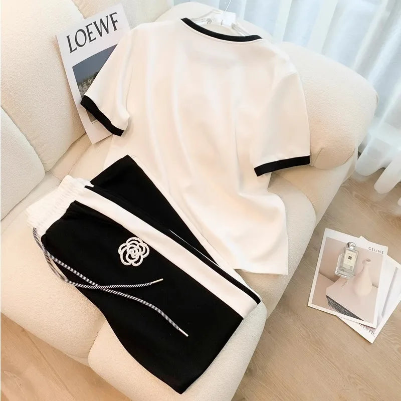 Summer Women's White Black Sets Round Neck Short Sleeve T-shirt And Pants Sets For Women 2 Pieces Tracksuits Outfits