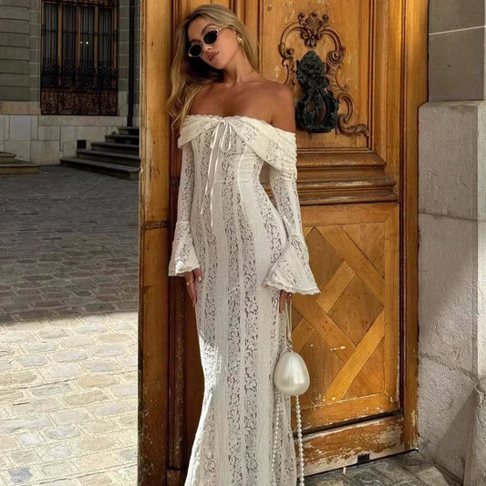 Suninheart White Off The Shoulder Bodycon Dress New in Flare Sleeve Elegant Lace Maxi Dress Wedding Guest Dress for Women