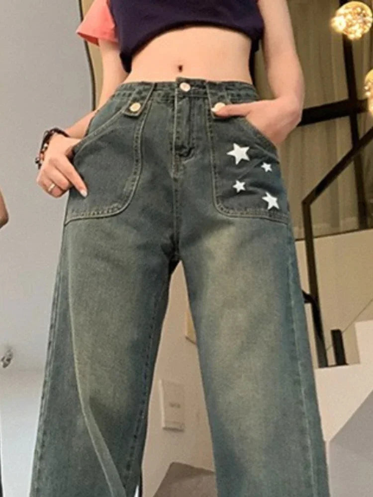 Jeans Women Trousers S-5XL Cozy All-match Trendy Star-design American Retro Button Leisure Students High Waist Simple Elegant