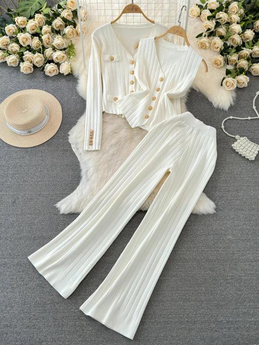 Fashion Knitted Three Pieces Sets Single Breasted Cardigan+Tank Top+High Waist Wide Leg Long Pants New Solid Sweater Suits