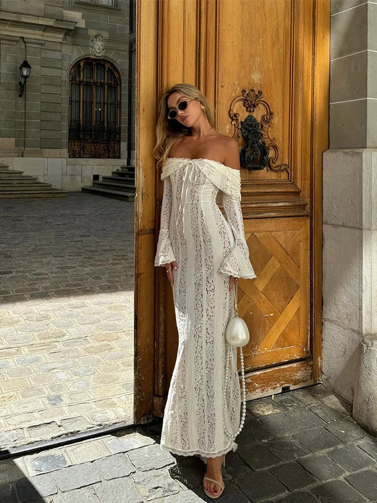 White Off Shoulder Lace Up Flare Long Sleeve Slim Maxi Dress Women Hollow Out Mermaid Floor Length Vestidos Female Elegant Robe