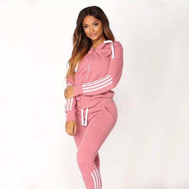 Fashion Women‘s Casual Sport Sweatpants 2-piece Sweat Suits Striped Tracksuits Hooded Jogging Sports Suits Zipper Track Suits