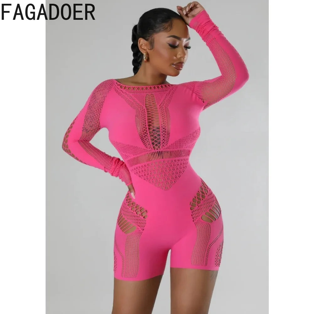 FAGADOER Sexy Lace Hollow Out Perspective Bodycon Rompers Women Off Shoulder Long Sleeve Backless Slim Jumpsuits Female Overalls