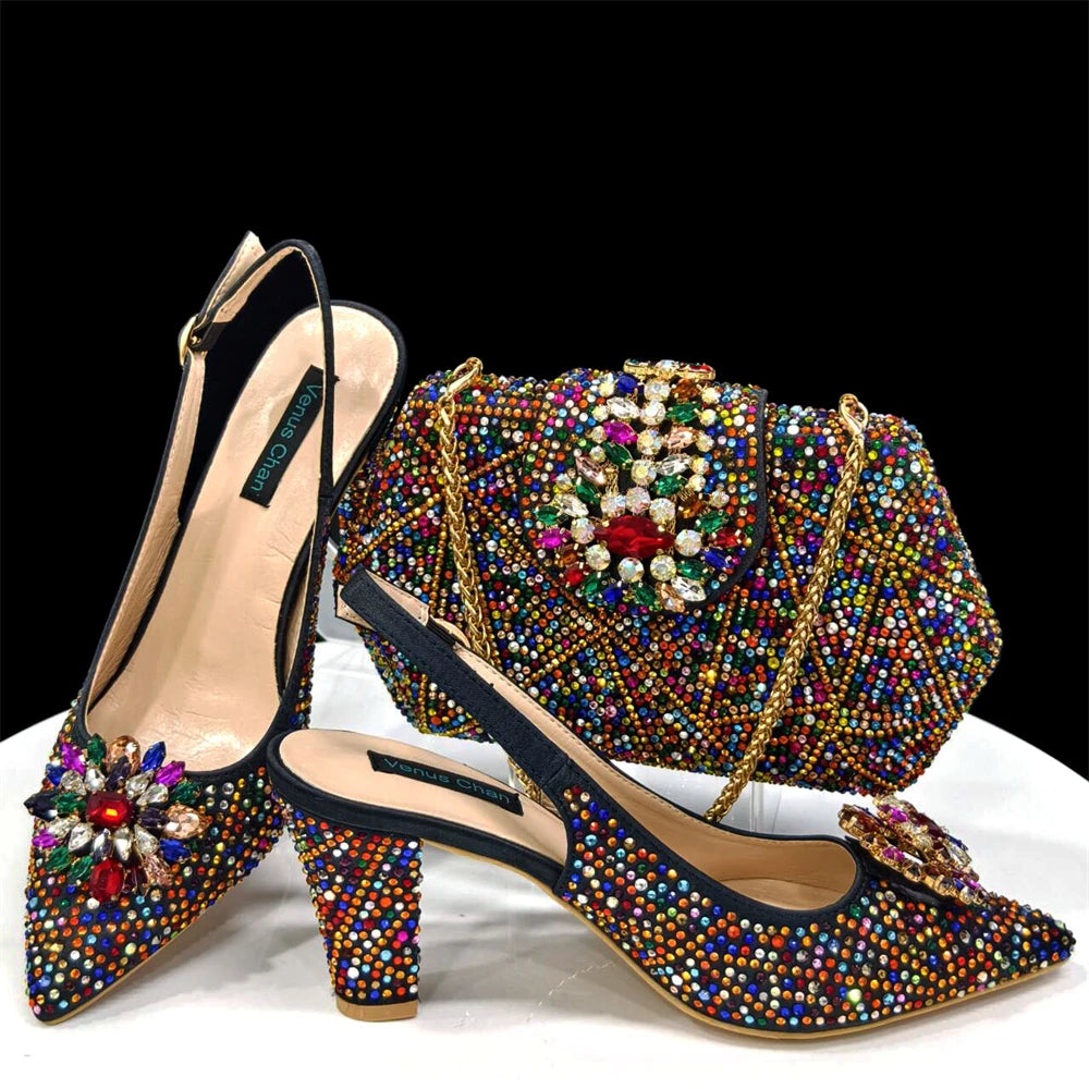 Venus Chan Nigerian Women Heel Party Ladies Italian Design Shoes And Bag Set Decorated with Rhinestone Handbag Wedding Party