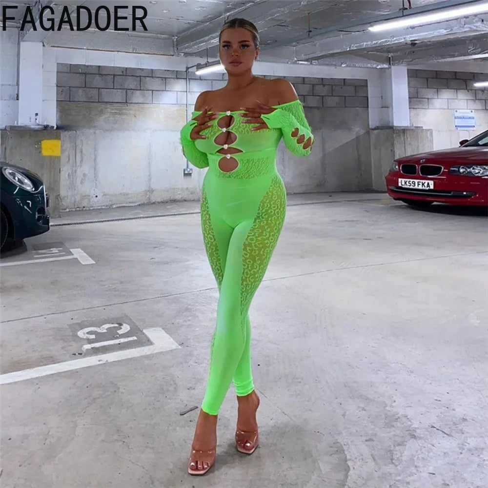 FAGADOER Sexy Lace Perspective Hollow Bodycon Jumpsuits Women Off Shoulder Long Sleeve Slim Playsuits Fashion Elastic Overalls