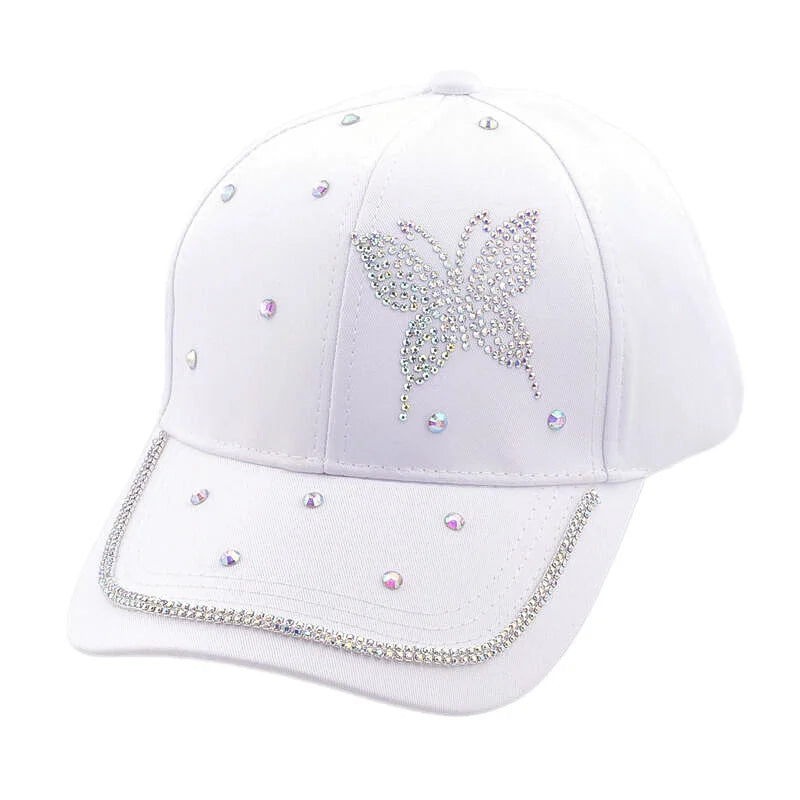 Adjustable Women Studded Butterfly Fashion Caps Bling Rhinestone Baseball Hat White Black Pink