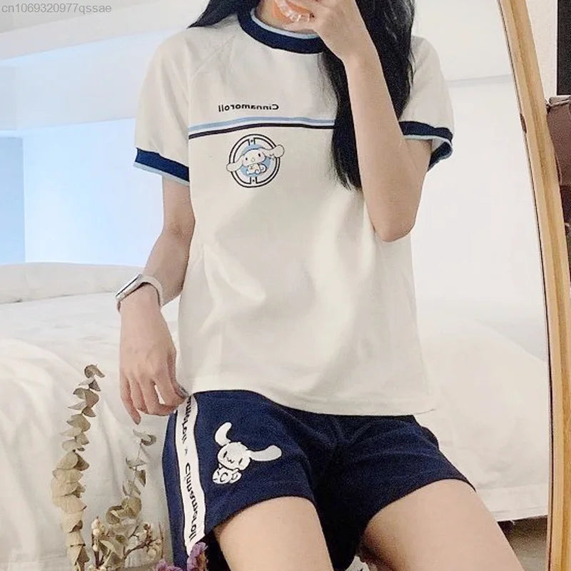 Sanrio Cinnamoroll Kuromi Women‘s Cute Sports Short Sets Emborid Summer Student Matching Sets Casual Sportwear Sweat Suit