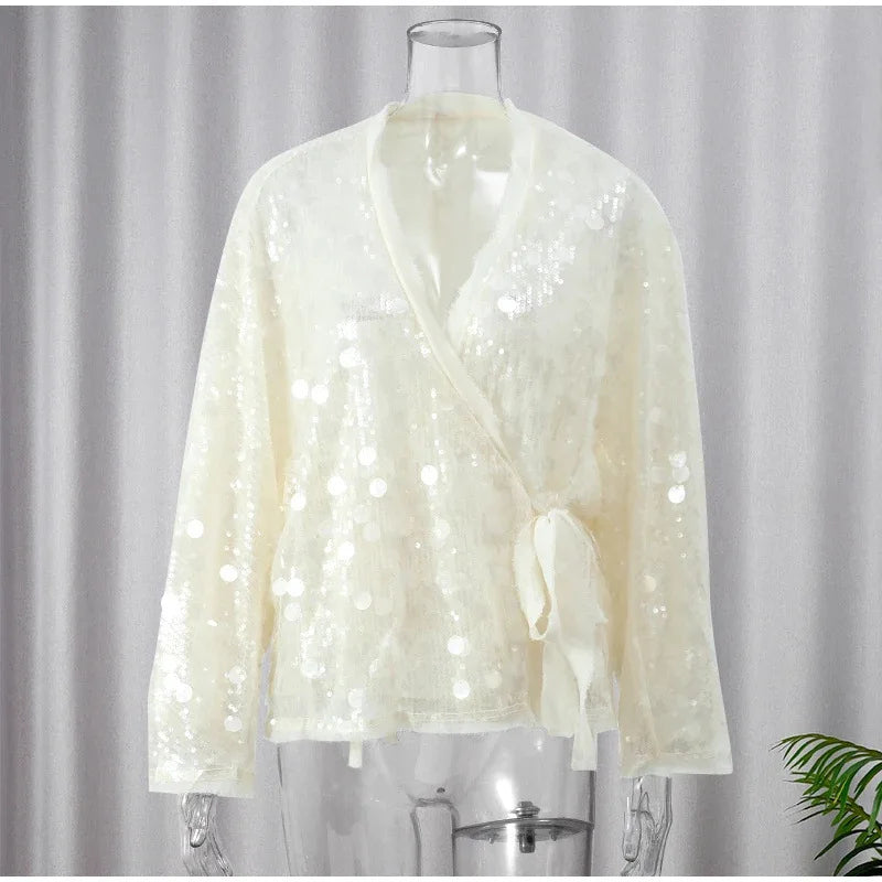 Fashion Sequins Spliced Design Women's Shirt V Neck Bandage Long Sleeves High Street Blouse Casual Autumn New Clothing