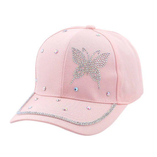 Adjustable Women Studded Butterfly Fashion Caps Bling Rhinestone Baseball Hat White Black Pink