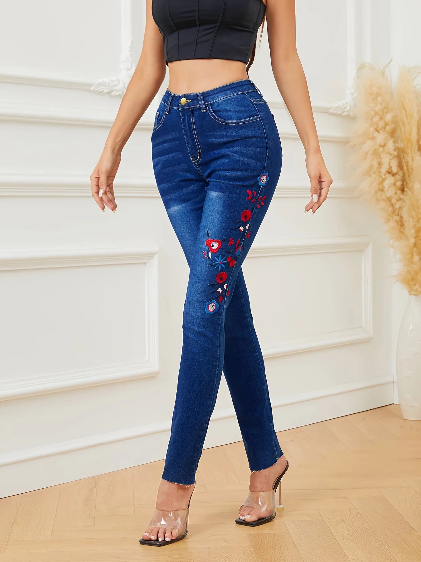 Winter New Fashion Design Women's Embroidered Jeans High Elastic Slim Denim Pencil Pants Casual Ladies Trousers S-XL