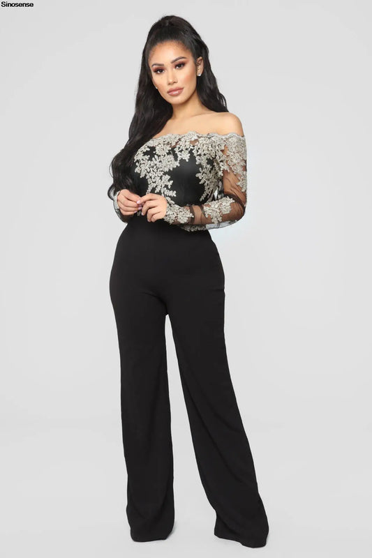 Women's Off Shoulder Jumpsuit Floral Embroidery Lace See Through Elegant Cocktail Party Evening Long Pants Wide Leg Rompers