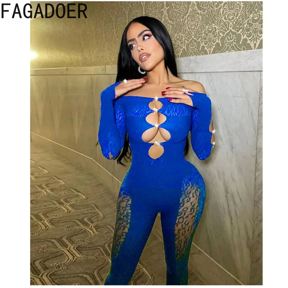 FAGADOER Sexy Lace Perspective Hollow Bodycon Jumpsuits Women Off Shoulder Long Sleeve Slim Playsuits Fashion Elastic Overalls