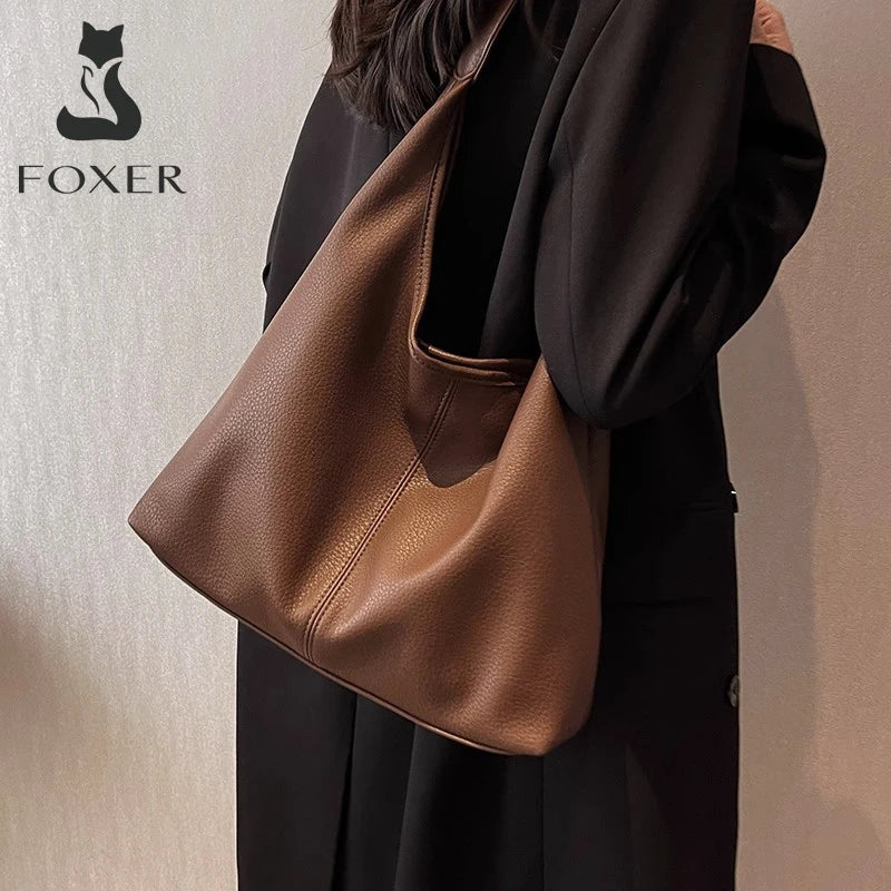 FOXER 2025 Fashion Split Leather Handbag Women Underarm Bag Tote Spring-Summer Lady Large Casual Hobo Shoulder Bag Pefect Gift