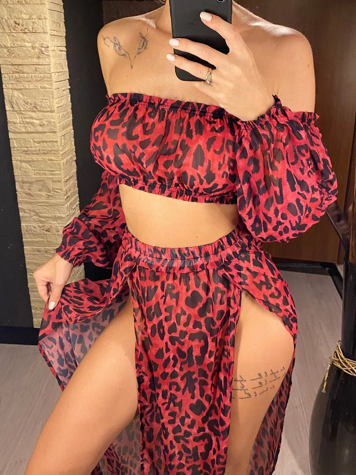 2025 Leopard Off Shoulder Long Sleeve 2 Pieces Set Beach Cover Up Cover-ups Beach Dress Beach Wear Beachwear Female Women V3728