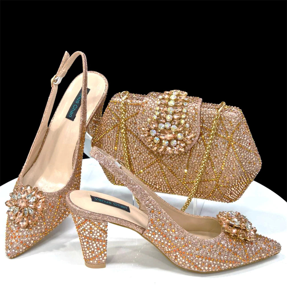 Venus Chan Nigerian Women Heel Party Ladies Italian Design Shoes And Bag Set Decorated with Rhinestone Handbag Wedding Party