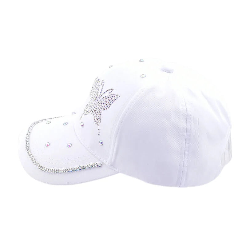 Adjustable Women Studded Butterfly Fashion Caps Bling Rhinestone Baseball Hat White Black Pink