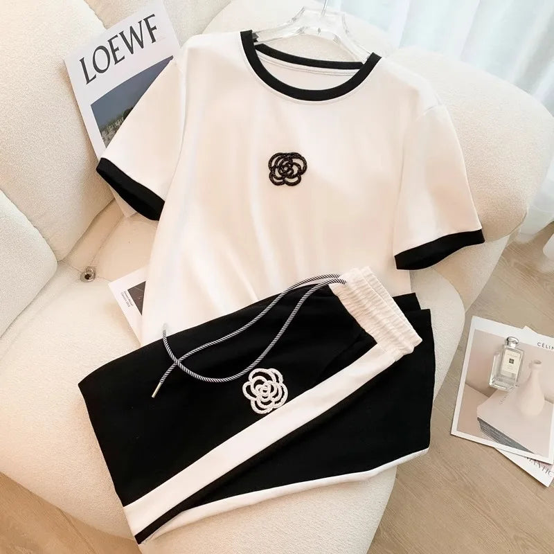 Summer Women's White Black Sets Round Neck Short Sleeve T-shirt And Pants Sets For Women 2 Pieces Tracksuits Outfits