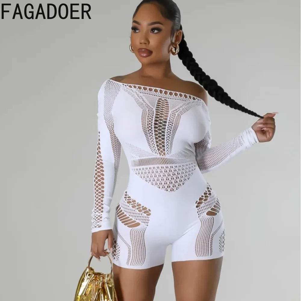 FAGADOER Sexy Lace Hollow Out Perspective Bodycon Rompers Women Off Shoulder Long Sleeve Backless Slim Jumpsuits Female Overalls