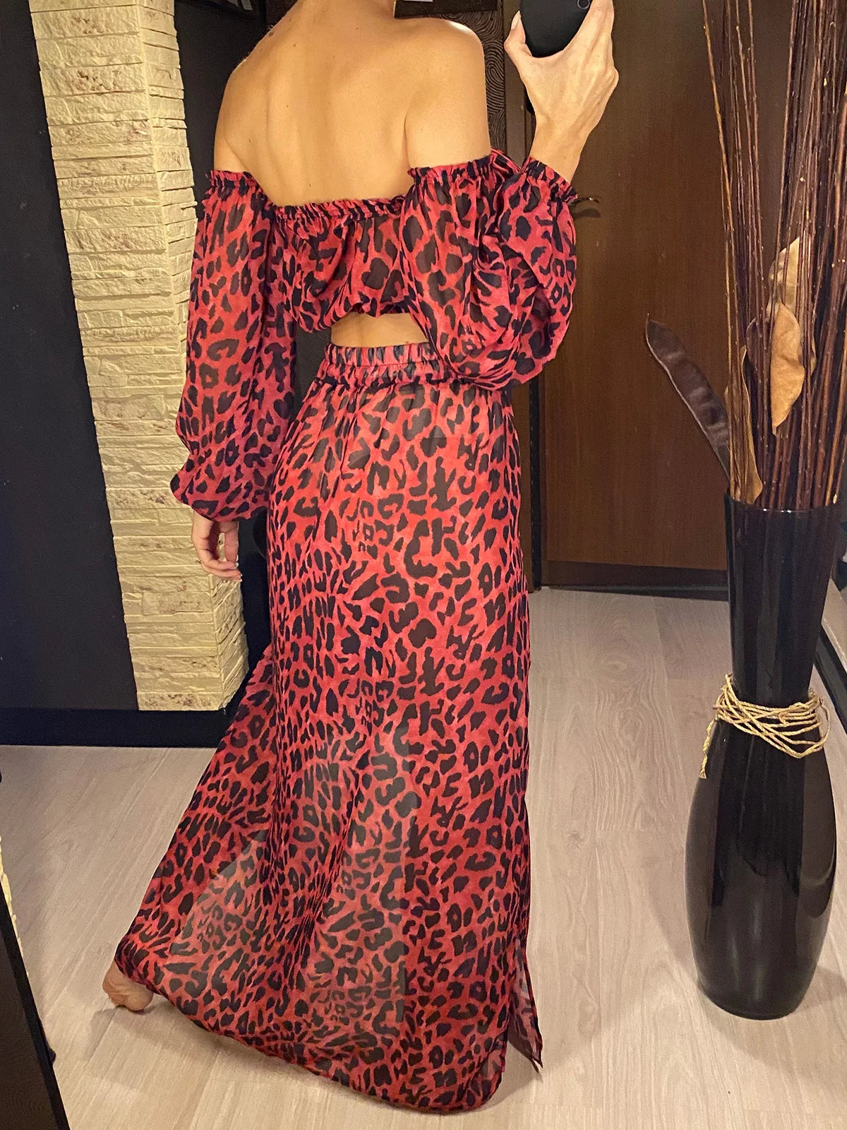 2025 Leopard Off Shoulder Long Sleeve 2 Pieces Set Beach Cover Up Cover-ups Beach Dress Beach Wear Beachwear Female Women V3728