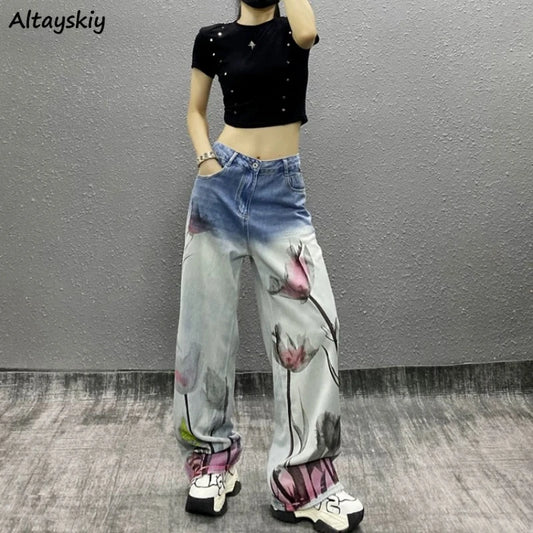 Jeans Women Floral Printing Contrast Color Fashion Baggy Design Casual Trousers Pockets All-match S-XL Creativity Ulzzang