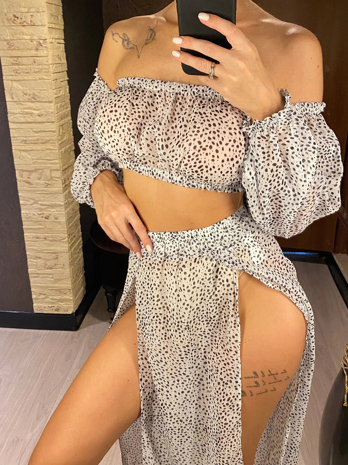 2025 Leopard Off Shoulder Long Sleeve 2 Pieces Set Beach Cover Up Cover-ups Beach Dress Beach Wear Beachwear Female Women V3728