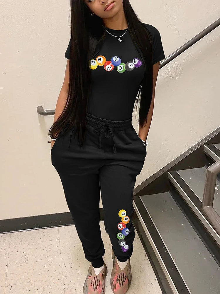 LW Casual Pant Sets for Women 2 Piece 2025 Spring Letter Print Short Sleeve O-Neck T-shirts Tops Trousers Set Sweat Suit Women