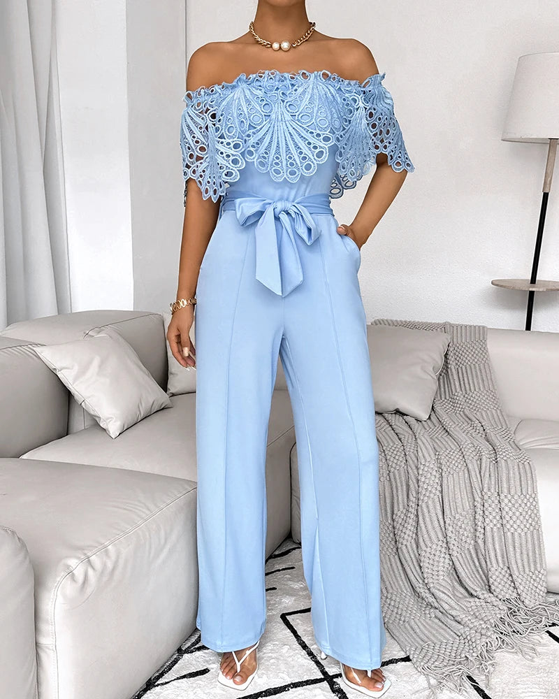 Eyelet Embroidery Off Shoulder Tied Detail Jumpsuit